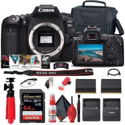 Canon EOS 90D DSLR Camera (Body Only) (3616C002) + 64GB Memory Card + Case + Corel Photo Software + LPE6 Battery + Charger + Card Reader + Flex Tripod + Hand Strap + More (Renewed)