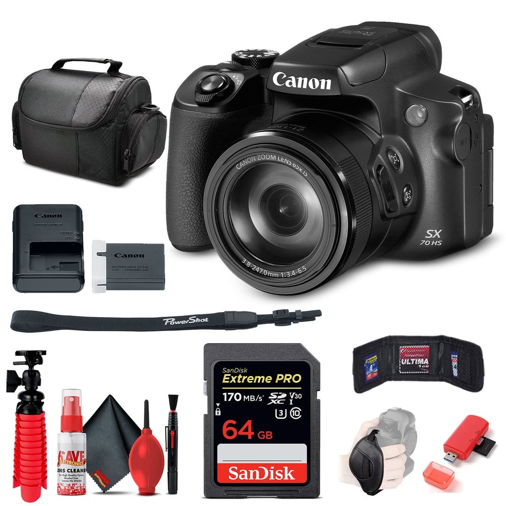 Canon PowerShot SX70 HS Digital Camera (3071C001) + 64GB Memory Card + Card Reader + Deluxe Soft Bag + Flex Tripod + Hand Strap + Memory Wallet + Cleaning Kit (Renewed)