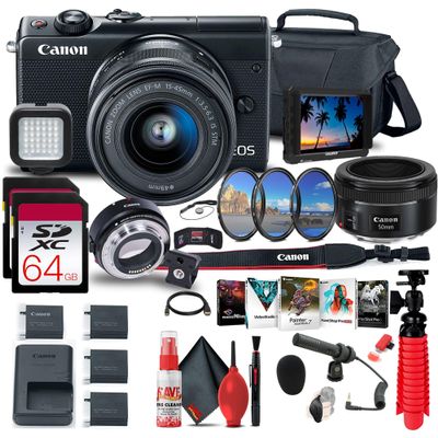 Canon EOS M100 Mirrorless Digital Camera with 15-45mm Lens (Black) (2209C011) EF-M Lens Adapter + 4K Monitor EF 50mm Lens + Mic + 2 x 64GB Card + Case + More (Renewed)