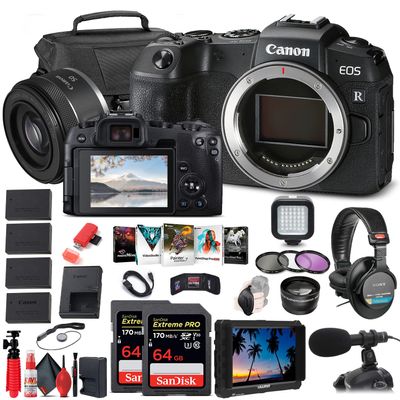 Canon EOS RP Mirrorless Digital Camera (Body Only) (3380C002) + Canon RF 50mm f/1.8 STM Lens + 4K Monitor + Pro Headphones + Pro Mic + 2 x 64GB Memory Card + Case + Filter Kit + More