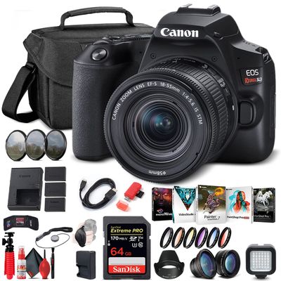 Canon EOS Rebel SL3 DSLR Camera with 18-55mm Lens (Black) (3453C002) + 64GB Memory Card + Color Filter Kit + Case + Filter Kit + Corel Photo Software + 2 x LPE17 Battery + Charger + More (Renewed)
