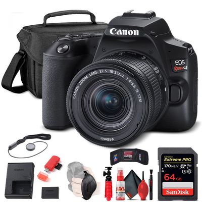 Canon EOS Rebel SL3 DSLR Camera with 18-55mm Lens (Black) (3453C002) + 64GB Memory Card + Case + Card Reader + Flex Tripod + Hand Strap + Cap Keeper + Memory Wallet + Cleaning Kit
