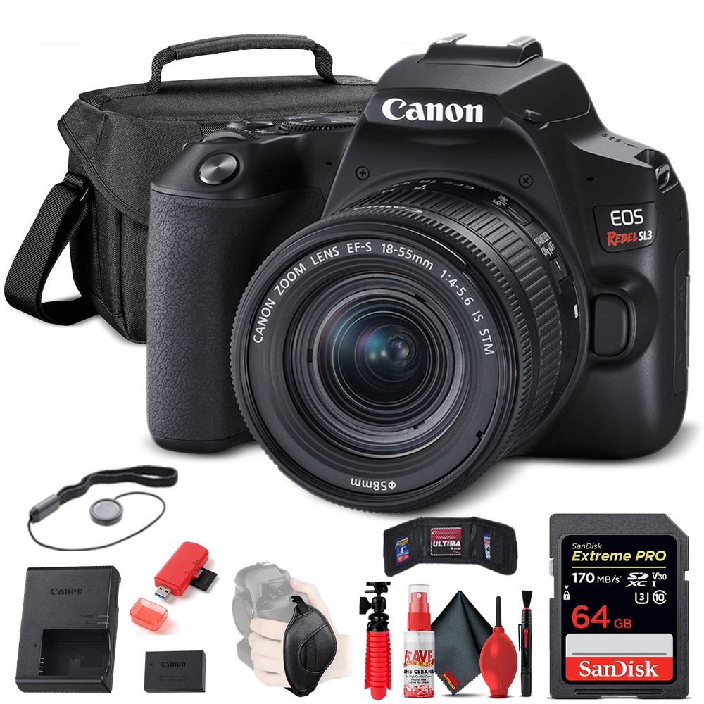 Canon EOS Rebel SL3 DSLR Camera with 18-55mm Lens (Black) (3453C002) + 64GB Memory Card + Case + Card Reader + Flex Tripod + Hand Strap + Cap Keeper + Memory Wallet + Cleaning Kit