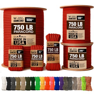 Three Vikings Paracord Rope - Made in USA - 750lb - 100% Nylon - Type IV - 11 Strand Core - Stronger Then Paracord 550 Cord - Red - 25 Ft.