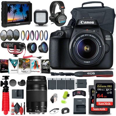 Canon EOS 4000D / Rebel T100 DSLR Camera with 18-55mm Lens + Canon EF 75-300mm Lens + 4K Monitor + Mic + Headphones + 2 x 64GB Memory Card + Color Filter Kit + Case + More (Renewed)