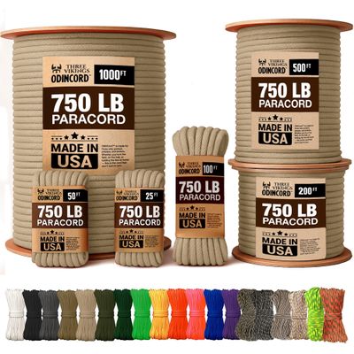 Three Vikings Paracord Rope - Made in USA - 750lb - 100% Nylon - Type IV - 11 Strand Core - Stronger Then Paracord 550 Cord - Tan - 200 Ft.