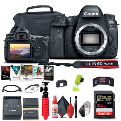 Canon EOS 6D Mark II DSLR Camera (Body Only) (1897C002) + 64GB Memory Card + Case + Photo Software + LPE6 Battery + Card Reader + Flex Tripod + HDMI Cable + Hand Strap + More (Renewed)