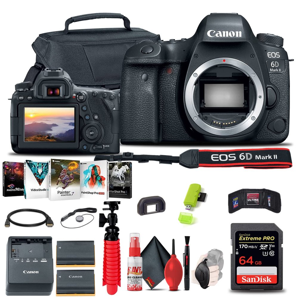 Canon EOS 6D Mark II DSLR Camera (Body Only) (1897C002) + 64GB Memory Card + Case + Photo Software + LPE6 Battery + Card Reader + Flex Tripod + HDMI Cable + Hand Strap + More (Renewed)