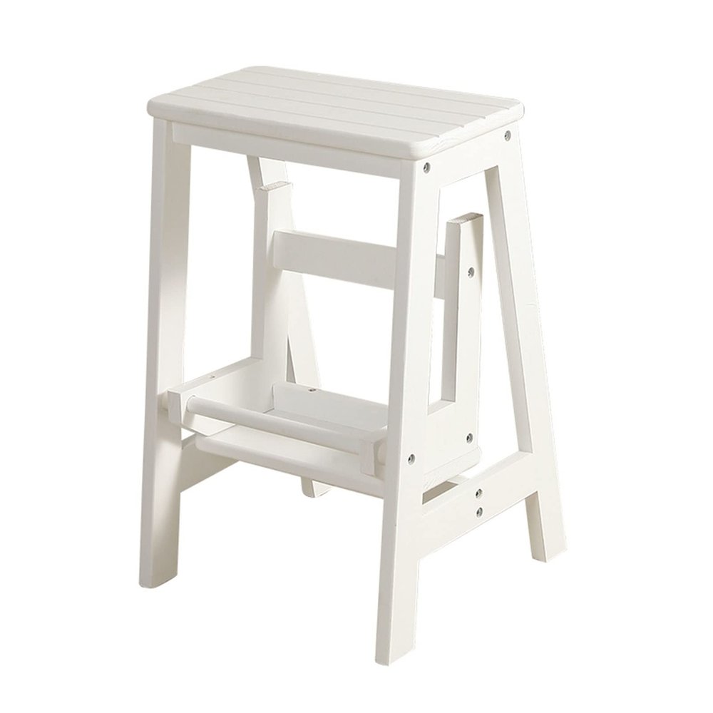 WYZDCP 2 Step Stool Wooden Ladder Chair, Flip Ladders Stool Small Foot Stools Safety Non-Slip Tread for Home Library Kitchen Climb Step Ladder White