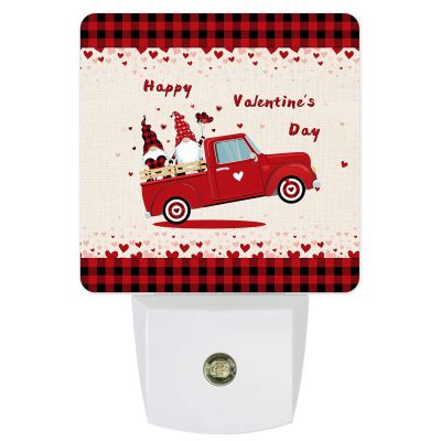 Night Light for Kids Plug into Wall LED Lamp Dusk-to-Dawn Sensor, Happy Valentine's Day Truck with Love Heart Gnome Red Buffalo Plaid Baby Nightlight for Bathroom Nursery Bedroom Hallway Stairs Decor