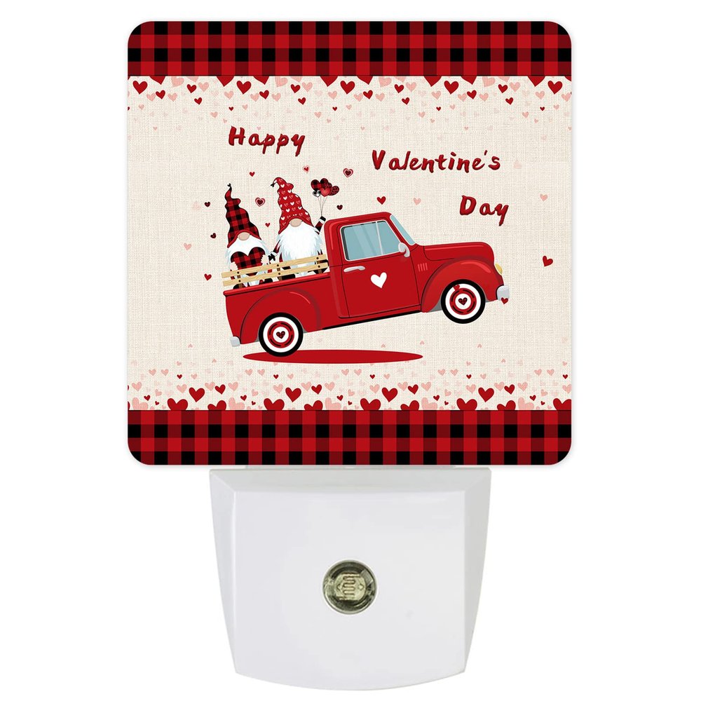 Night Light for Kids Plug into Wall LED Lamp Dusk-to-Dawn Sensor, Happy Valentine's Day Truck with Love Heart Gnome Red Buffalo Plaid Baby Nightlight for Bathroom Nursery Bedroom Hallway Stairs Decor