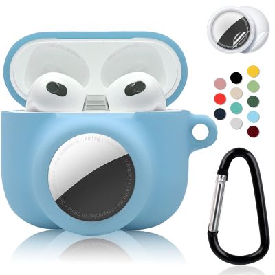 2 in 1 Protective Case Combo Set Compatible for Apple AirPods 3(2021) AirTag, GPS Tracker Holder with 2 PCS TPU Screen Protector&Keychain, Soft Silicone Anti-Lost Anti-Scratch Skin Cover(Blue)