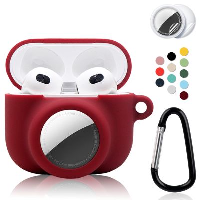 2 in 1 Protective Case Combo Set Compatible for Apple AirPods 3(2021) AirTag, GPS Tracker Holder with 2 PCS TPU Screen Protector&Keychain, Soft Silicone Anti-Lost Anti-Scratch Skin Cover(WineRed)
