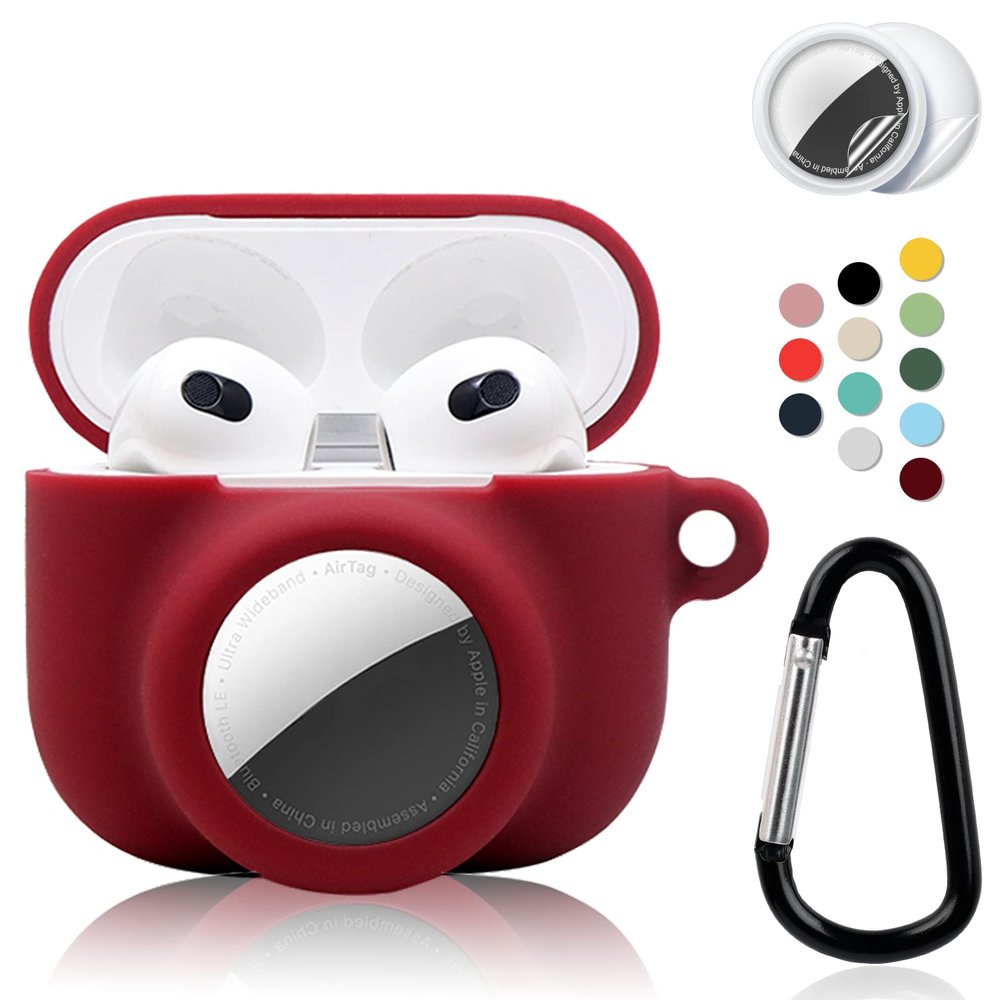 2 in 1 Protective Case Combo Set Compatible for Apple AirPods 3(2021) AirTag, GPS Tracker Holder with 2 PCS TPU Screen Protector&Keychain, Soft Silicone Anti-Lost Anti-Scratch Skin Cover(WineRed)