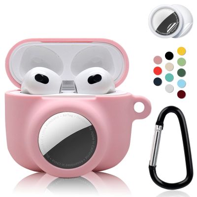 2 in 1 Protective Case Combo Set Compatible for Apple AirPods 3(2021) AirTag, GPS Tracker Holder with 2 PCS TPU Screen Protector&Keychain, Soft Silicone Anti-Lost Anti-Scratch Skin Cover(Pink)