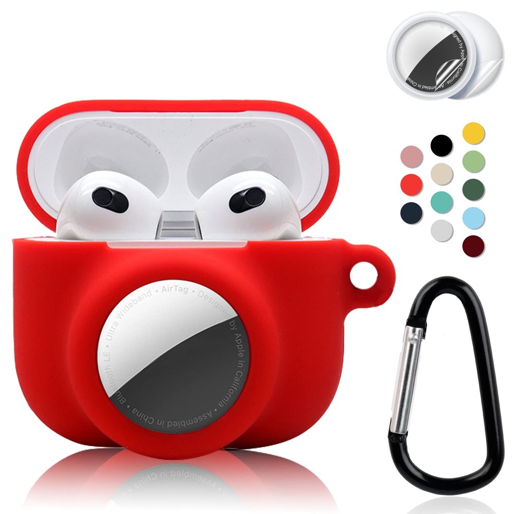 2 in 1 Protective Case Combo Set Compatible for Apple AirPods 3(2021) AirTag, GPS Tracker Holder with 2 PCS TPU Screen Protector&Keychain, Soft Silicone Anti-Lost Anti-Scratch Skin Cover(Red)