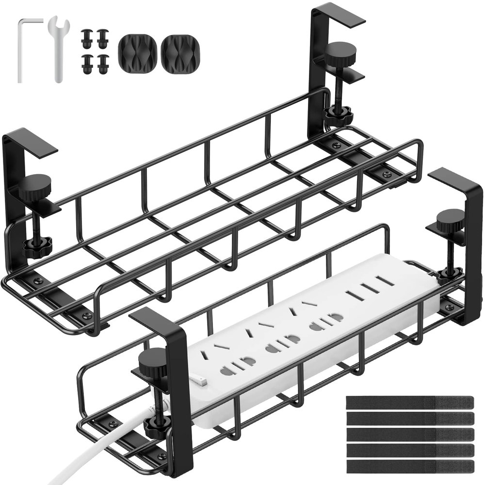 Under Desk Cable Management Tray, 31.5'' No Drill Steel Cable Tray Organizers, Wire Management Tray Cable Rack with Clamp Mount, Metal Under Desk Tray with Wire and Cord Organizer (Black, 2 Pack)