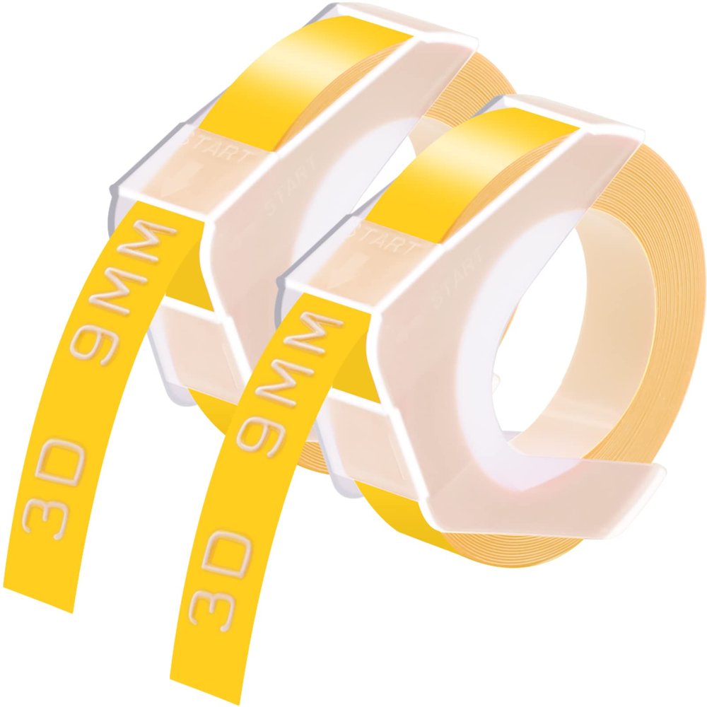 GREENCYCLE 3D Plastic Label Tape Compatible for Dymo Embossing Label Maker Organizer Xpress Pro 12966 Office Mate II, Motex, Self-Adhesive Label 520108, 3/8" (9mm) x9.8ft (3m) White on Yellow-2 Rolls