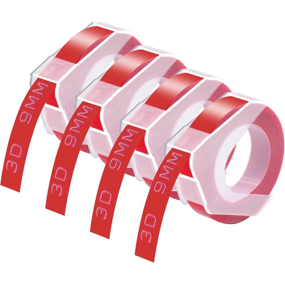 GREENCYCLE 3D Plastic Label Tape Compatible for Dymo Embossing Label Maker Organizer Xpress Pro 12966 Office Mate II, Motex, Self-Adhesive Label 520102, 3/8" (9mm) x9.8ft (3m) White on Red-4 Rolls