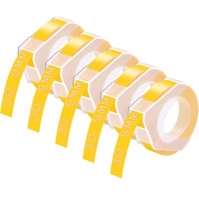 GREENCYCLE 3D Plastic Label Tape Compatible for Dymo Embossing Label Maker Organizer Xpress Pro 12966 Office Mate II, Motex, Self-Adhesive Label 520108, 3/8" (9mm) x9.8ft (3m) White on Yellow-5 Rolls