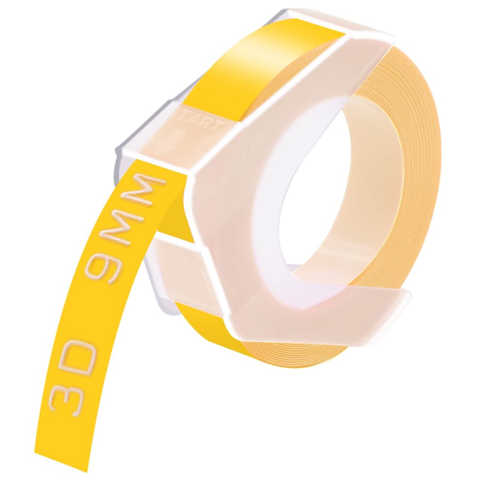 GREENCYCLE 3D Plastic Label Tape Compatible for Dymo Embossing Label Maker Organizer Xpress Pro 12966 Office Mate II, Motex, Self-Adhesive Label 520108, 3/8" (9mm) x9.8ft (3m) White on Yellow-30 Rolls