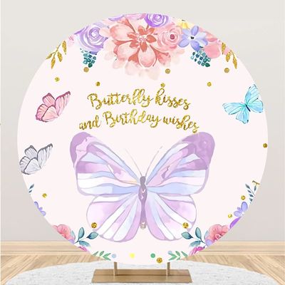Renaiss 5x5ft Butterfly Floral Round Backdrop Covers Butterfly Kisses & Wings Circle Photography Background Fairy Princess Girls Baby Shower Birthday Newborn Party Decors Arch Photo Booth Props