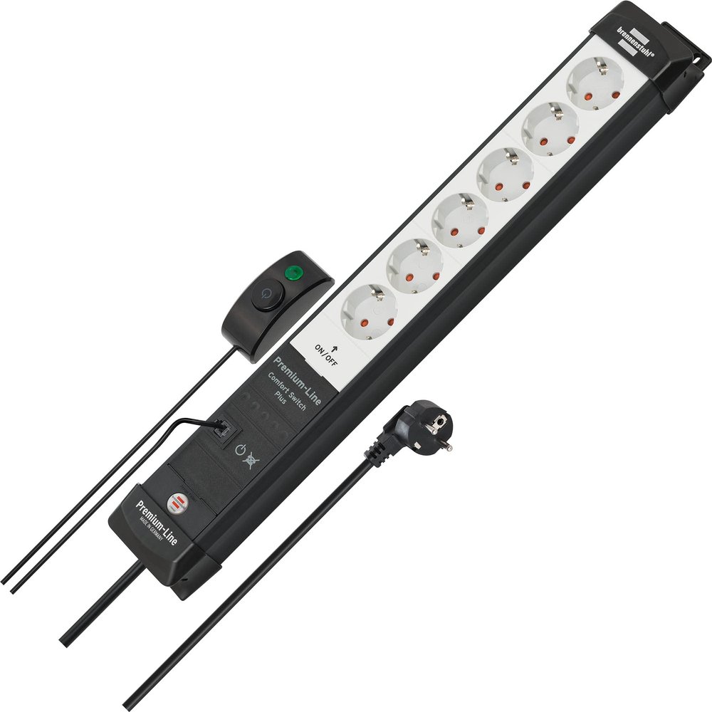 Brennenstuhl Premium-Line Comfort Switch Plus Power Strip 6-Way (3 m Cable, Additional Hand/Foot Switch, Wall Mounting, Made in Germany) Black/Grey