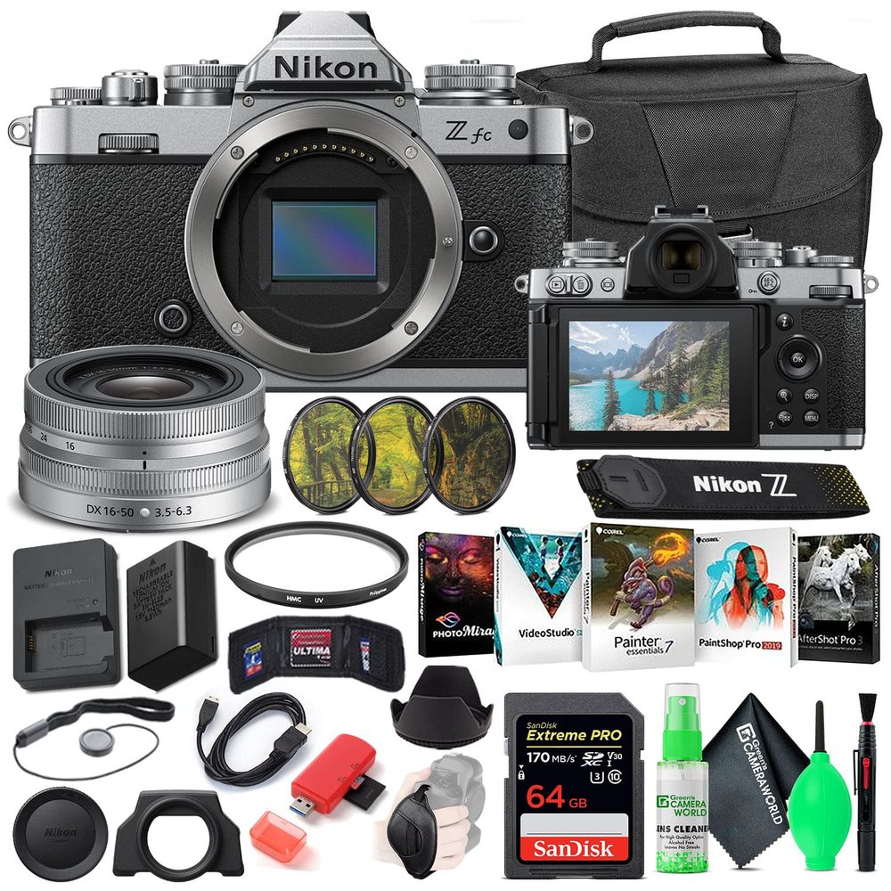 Nikon Z fc Mirrorless Digital Camera with 16-50mm Lens (Black, 1675) Bundle with 64GB Extreme PRO SD Card + Camera Bag + Editing Software + 4pc Filter Kit + Cleaning Kit + More