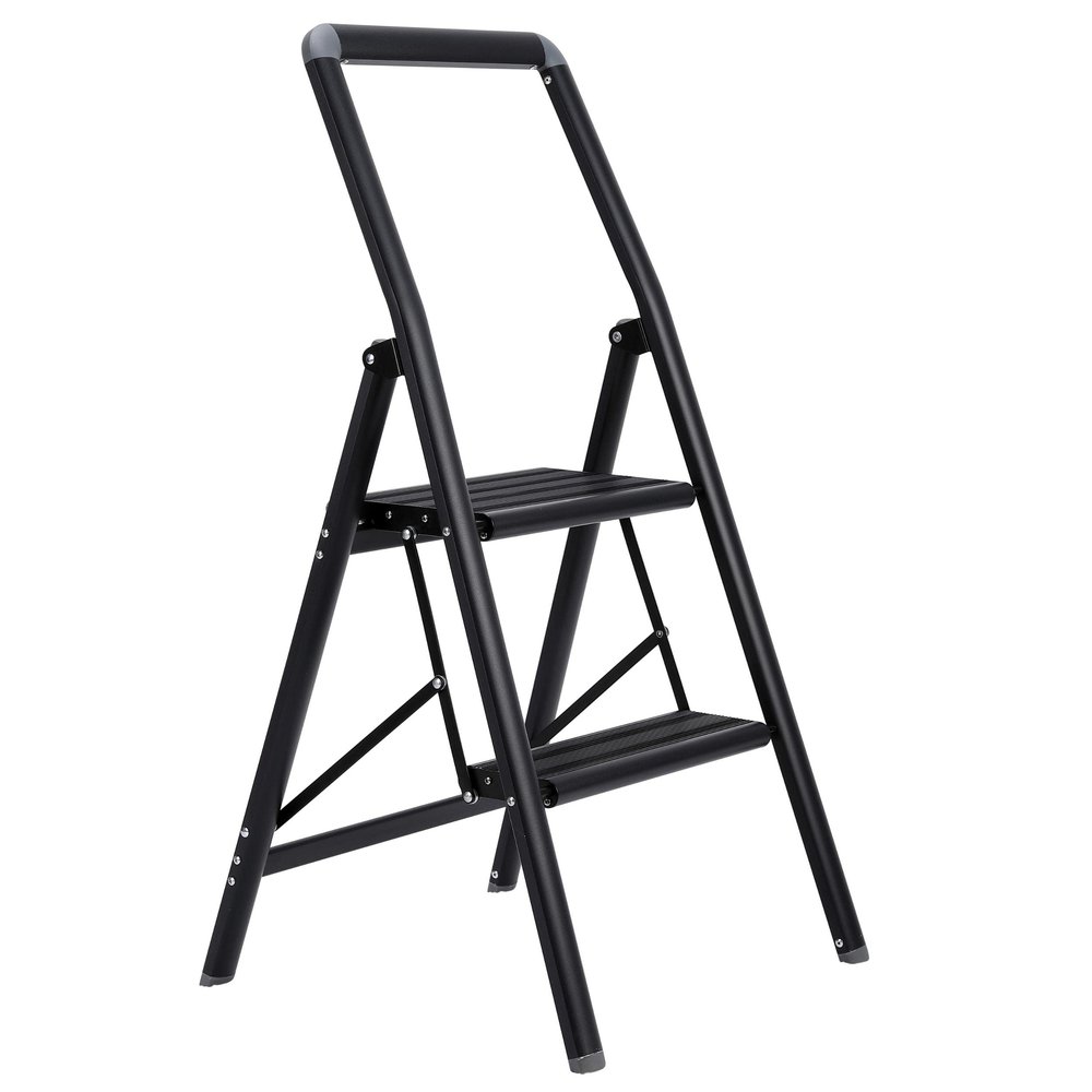 BIRDROCK HOME 2 Step Slim Aluminum Step Ladder - Sturdy Thin Folding Stool - Anti-Slip Steps - Great for Your Kitchen, Pantry, Closets, or Home Office - Indoor Stool - Black