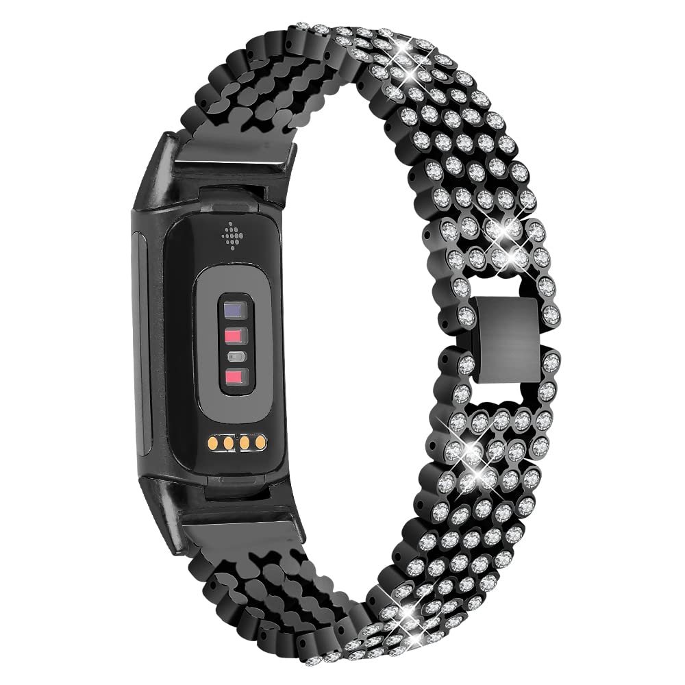 Compatible for Fitbit Charge 5 Bands Bling Women Men Diamond Crystal Stainless Metal Replacement Strap for Charge 5 Fitness Tracker (Black)