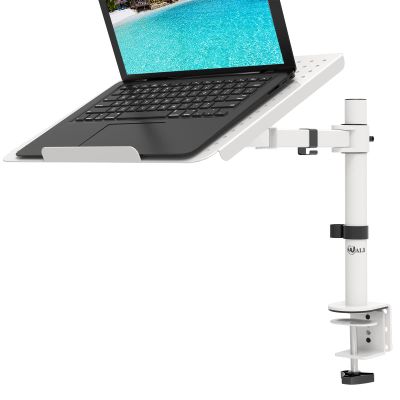 WALI Laptop Desk Mount for 17 inch Notebook, Adjustable Single Monitor Arm with Laptop Holder for 32 inch Screen, Laptops Stand with Ventilated Tray, Up to 22 Lbs, (M00LP-W), White