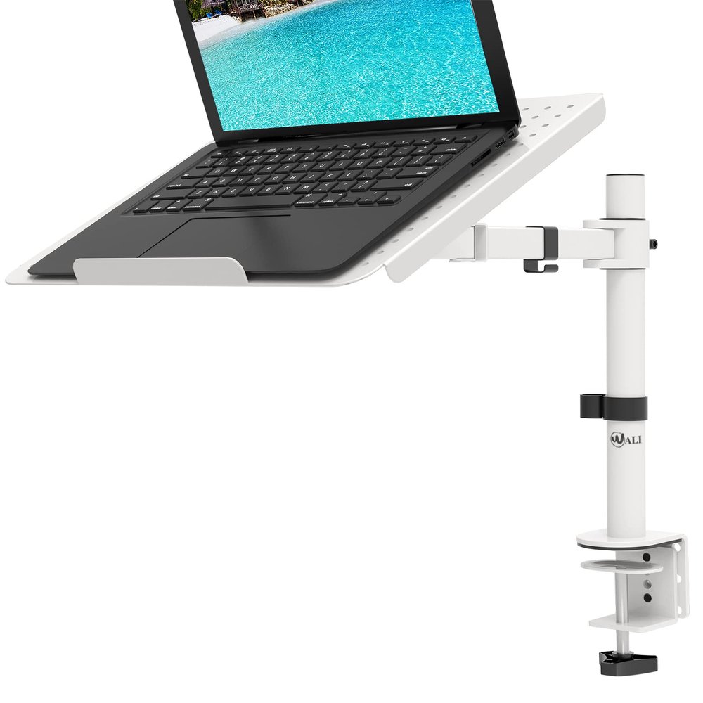 WALI Laptop Desk Mount for 17 inch Notebook, Adjustable Single Monitor Arm with Laptop Holder for 32 inch Screen, Laptops Stand with Ventilated Tray, Up to 22 Lbs, (M00LP-W), White