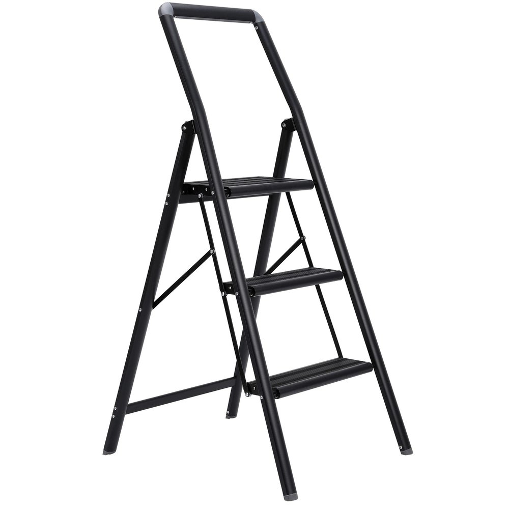 BIRDROCK HOME 3 Step Slim Aluminum Step Ladder - Sturdy Thin Folding Stool - Anti-Slip Steps - Great for Your Kitchen, Pantry, Closets, or Home Office - Indoor Stool - Black