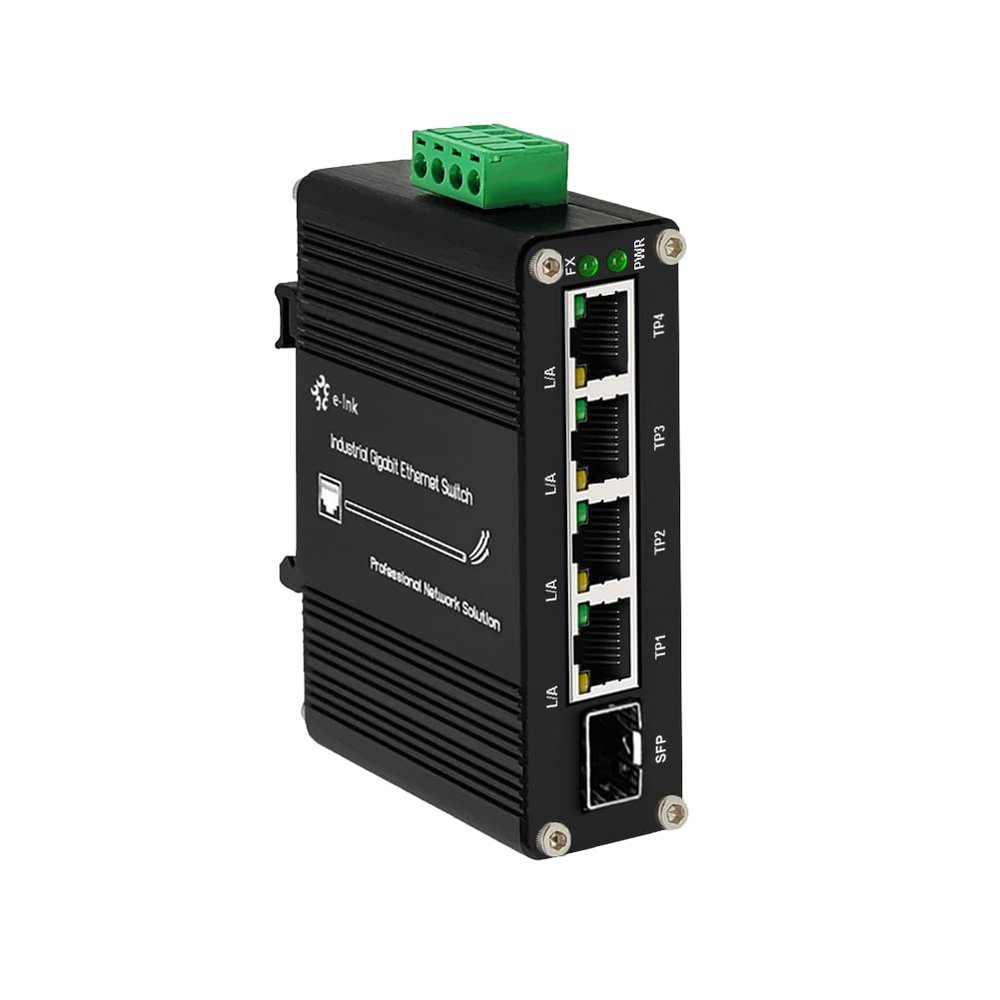 Mini Industrial 4 Port 10/100/1000Mbps Gigabit Ethernet Switch with SFP Din Rail/Wall-Mount 10/100/1000BASE-T RJ45 + 1 100/1000FX (SFP) Support 12-48V DC 10Gbps Switching Capacity