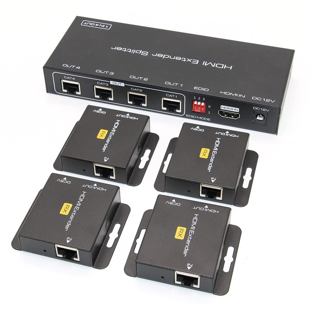 HDMI Extender Splitter, 1080P@60Hz 1X4 HDMI Extender Over Ethernet Multiple receivers hdmi to ethernet Splitter multiport hdmi Extenders EDID Presets 50M POC (1X4)