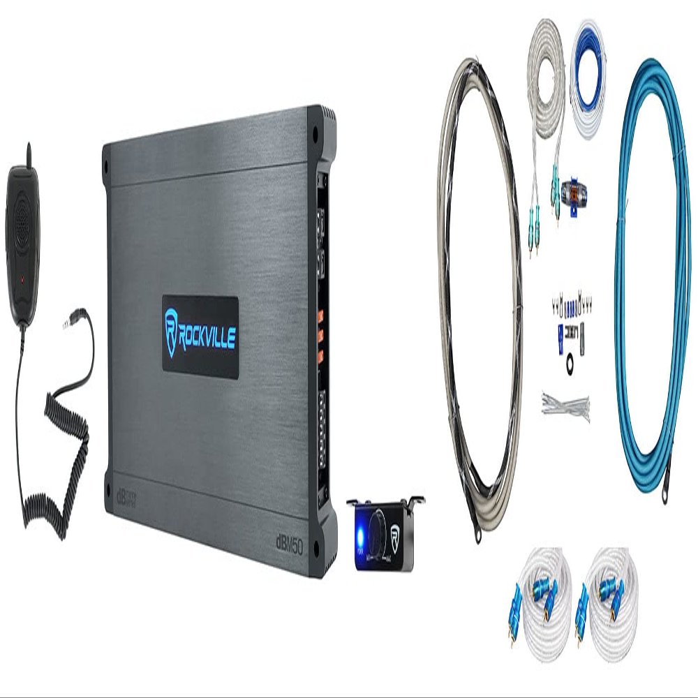 Rockville Marine Audio Bundle: DBM50 4000W Peak/980W RMS 5-Channel Marine/Boat Amplifier with Mic, RMWK4 4-Gauge Waterproof Amp Installation Kit, (2) MRCA25 25-Foot Copper RCA Cables, 4-Items