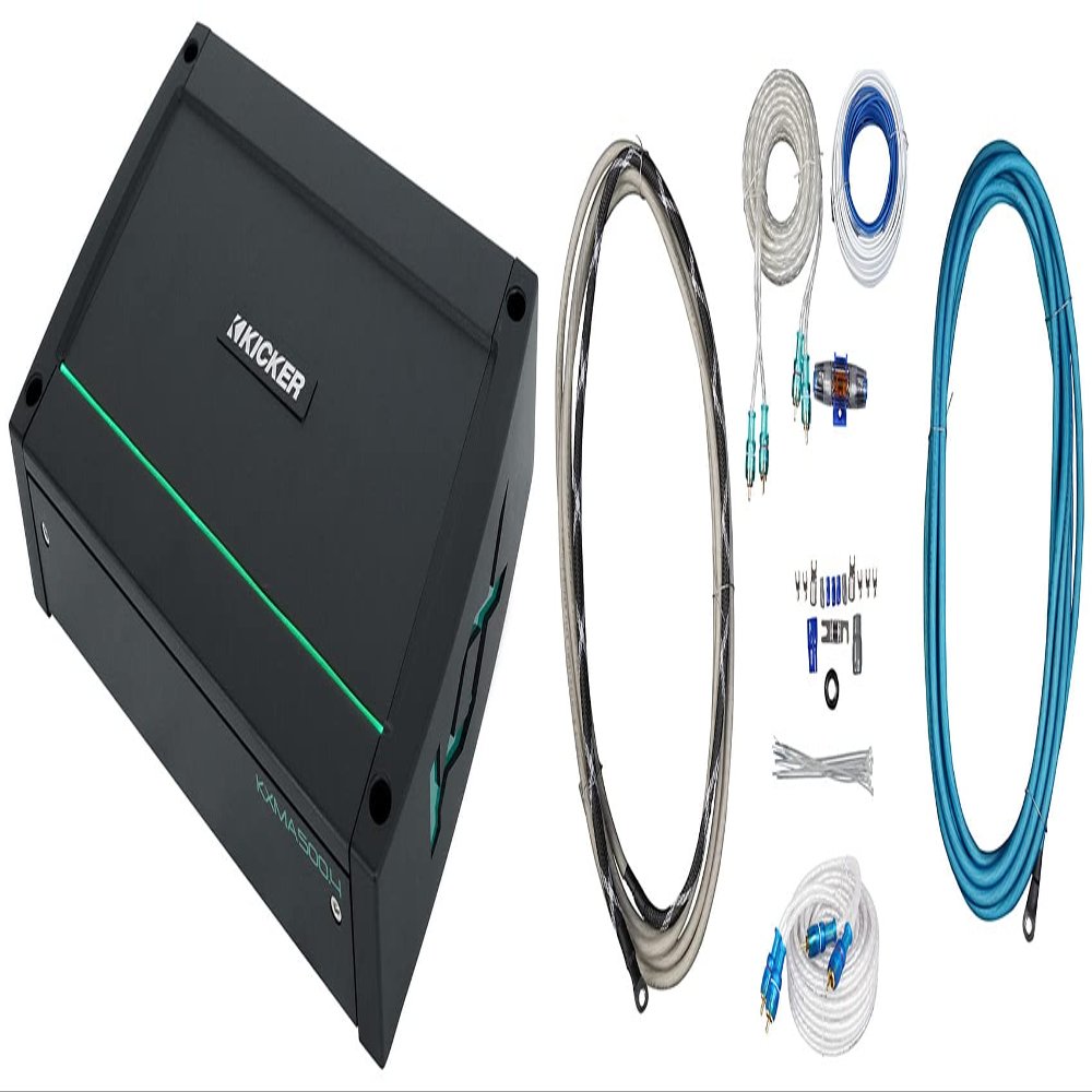 KICKER 48KXMA5004 500 Watt 4-Channel Marine Boat Amplifier Bundle with Rockville RMWK4 Marine Amplifier Install Wire Kit & Rockville MRCA25 25 Foot Marine RCA Cables (3 Items)