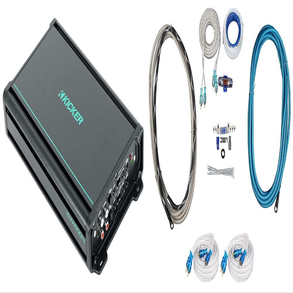 KICKER 48KMA6004 600 Watt 4-Channel Marine Boat Amplifier Bundle with Rockville RMWK4 Marine Amplifier Install Wire Kit & (2) Rockville MRCA25 25 Foot Marine RCA Cables (3 Items)