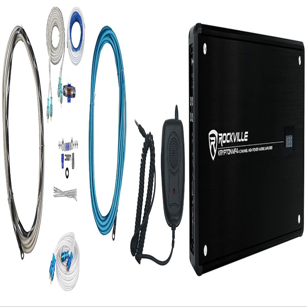 Rockville Krypton MF4 Bundle: 2400-Watt Peak / 600-Watt RMS 4 Channel Marine Amplifier, RMWK4 V2 4 AWG Waterproof Amp Install Wire Kit, MRCA25 25 ft Twisted Pair RCA Cable, 3-Items