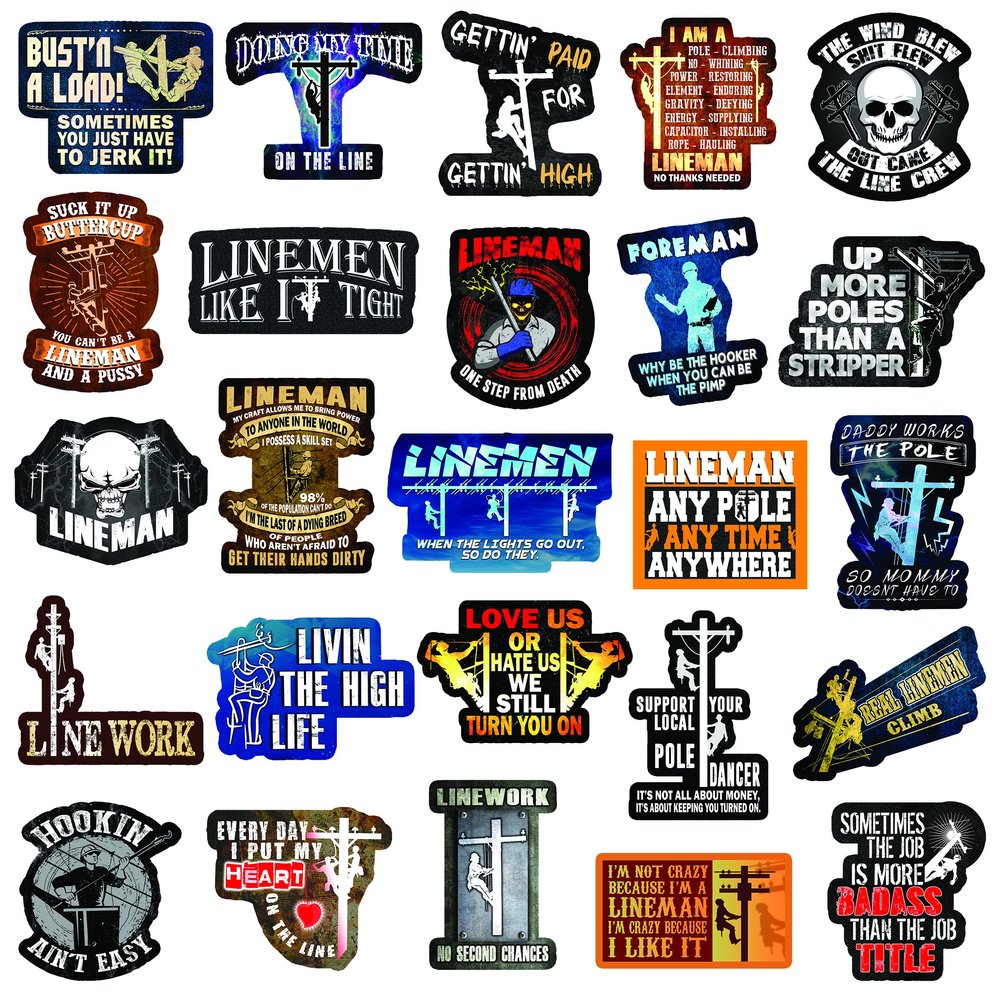Linemen Hard Hat Stickers Perfect for Linemen, Pack of 25, Waterproof Vinyl, Includes Tool Images