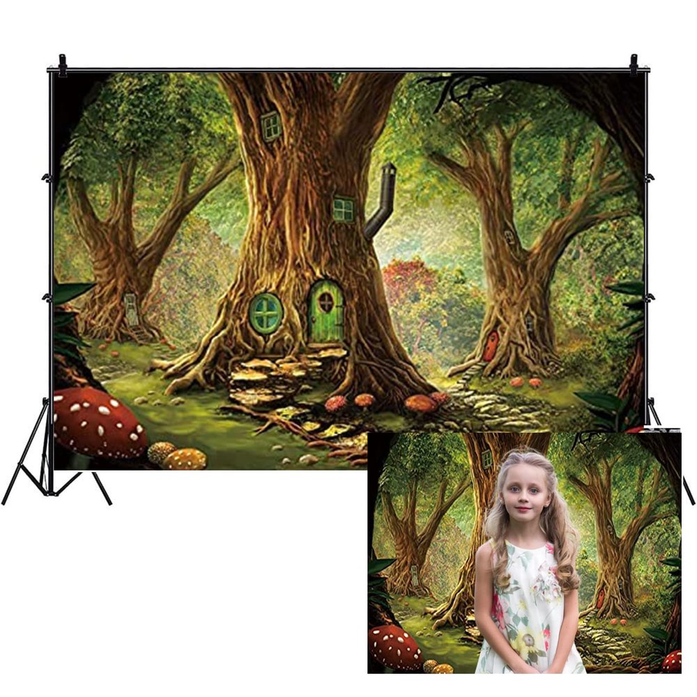 10x8FT Cartoon Forest Backdrop Old Trees Green Vine Photography Background Mushroom Tree Inside Cabin Decoration Dreamlike Forest Cartoon Backdrop for Kids Adults Portraits Studio Props