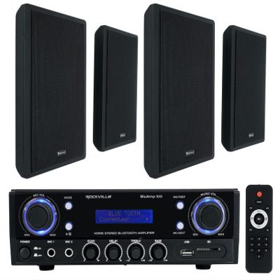 Rockville RockSlim Black Bundle: (4) 5.25 in 240W Peak Wall Mount Home Theater Speakers, BLUAMP 100 Bluetooth Amplifier, Mic Input, RCA Output, for Home Audio, Living Room, or TV Setup, 5 Items