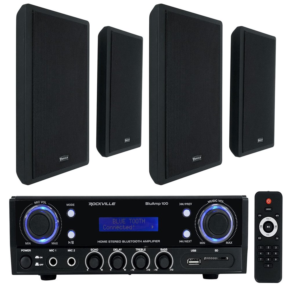 Rockville RockSlim Black Bundle: (4) 5.25 in 240W Peak Wall Mount Home Theater Speakers, BLUAMP 100 Bluetooth Amplifier, Mic Input, RCA Output, for Home Audio, Living Room, or TV Setup, 5 Items