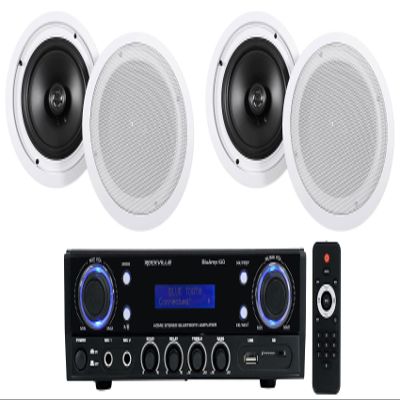 Rockville BluAMP 100 Bundle: 500W Peak/120W RMS Home Stereo Bluetooth Amplifier with USB/Mic Input, RCA, HC85 8" 700W Peak, 240W RMS in-Ceiling Home Theater Speakers 8-Ohm, 5 Items