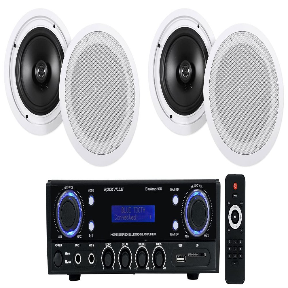 Rockville BluAMP 100 Bundle: 500W Peak/120W RMS Home Stereo Bluetooth Amplifier with USB/Mic Input, RCA, HC85 8" 700W Peak, 240W RMS in-Ceiling Home Theater Speakers 8-Ohm, 5 Items