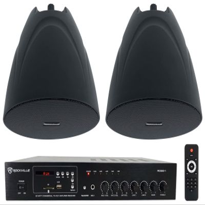 Rockville RCS80-1 Bundle: 60-Watt 70V Commercial Amplifier/Bluetooth Receiver, (2) PEN-525T Black 5.25" 70V Hanging Pendant Speakers, 3-Items