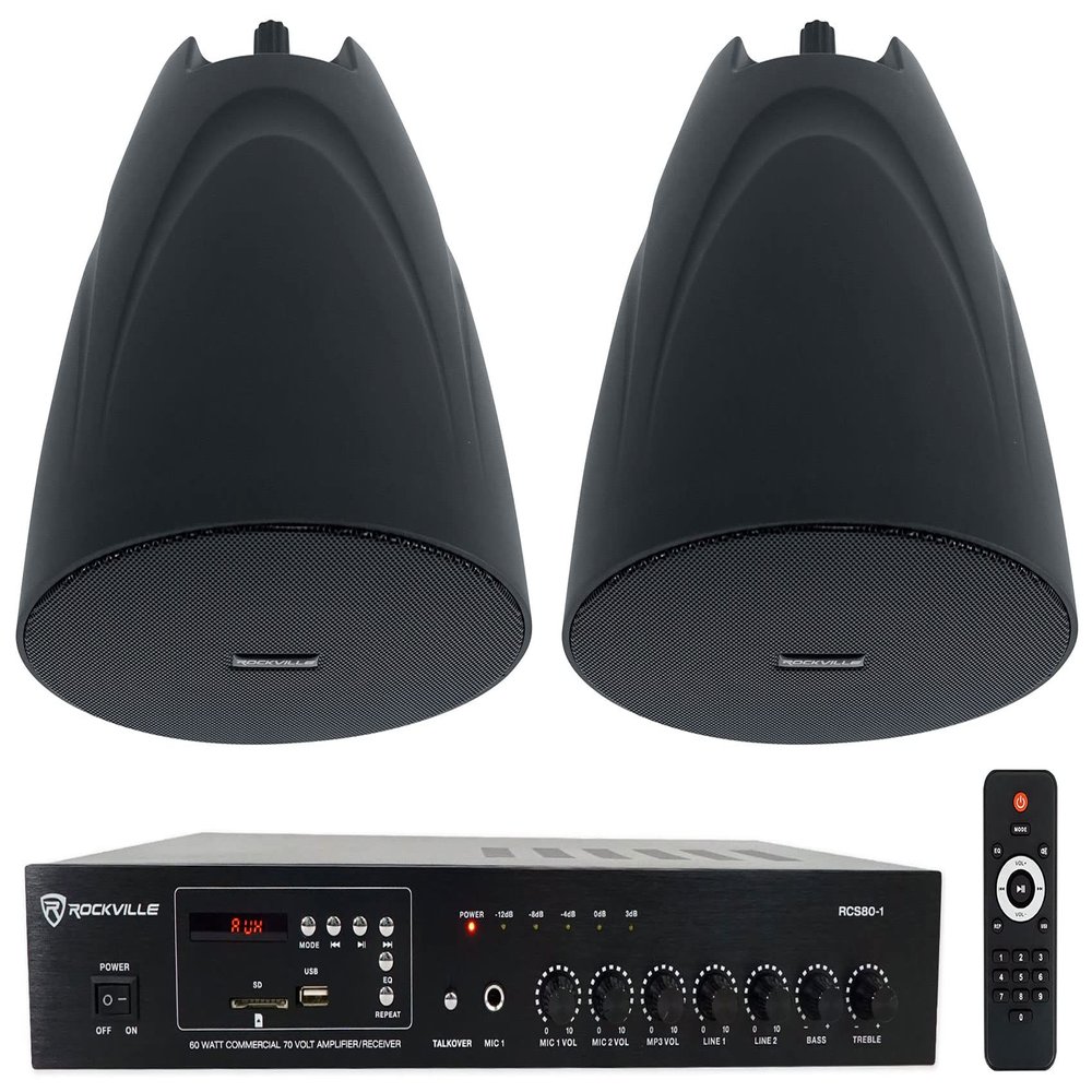 Rockville RCS80-1 Bundle: 60-Watt 70V Commercial Amplifier/Bluetooth Receiver, (2) PEN-525T Black 5.25" 70V Hanging Pendant Speakers, 3-Items