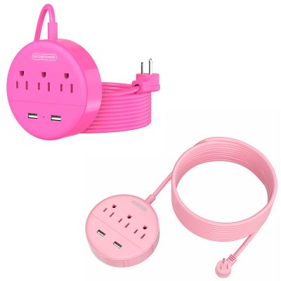 15 ft Extension Cord Power Strip with USB, NTONPOWER Mountable Power Strip Flat Plug with 3 Outlet 3 USB, ETL Listed, Desktop Charging Station, Compact Size for Home Office Dorm Room Nightstand, Pink