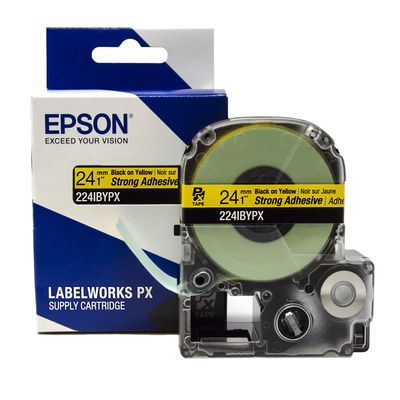 Epson LABELWORKS 224IBYPX Genuine PET (Polyester) Tape Cartridge - Black on Yellow Strong Adhesive Standard Industrial Label Maker Tape - 1" (24MM) Wide, 30'