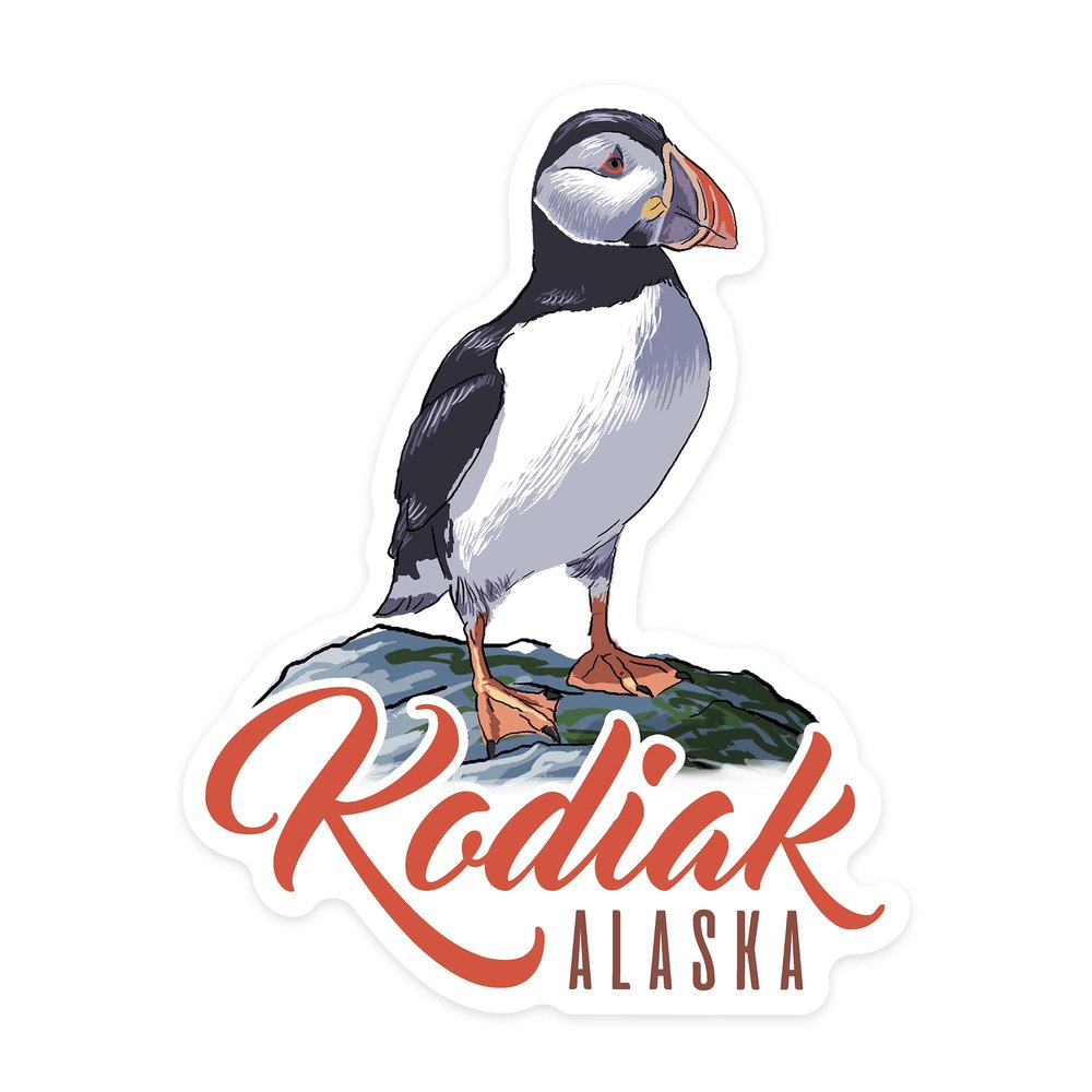Die Cut Sticker Kodiak, Alaska, Puffin, Vinyl Sticker, (Waterproof Decal for Cars, Water Bottles, Laptops, Coolers), Large